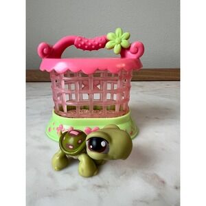 Littlest Pet Shop LPS Pink Green Cage Carrier with Turtle #007 2004 Pet